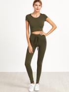 Shein Army Green Striped Side Crop Hooded T-shirt With Drawstring Pants