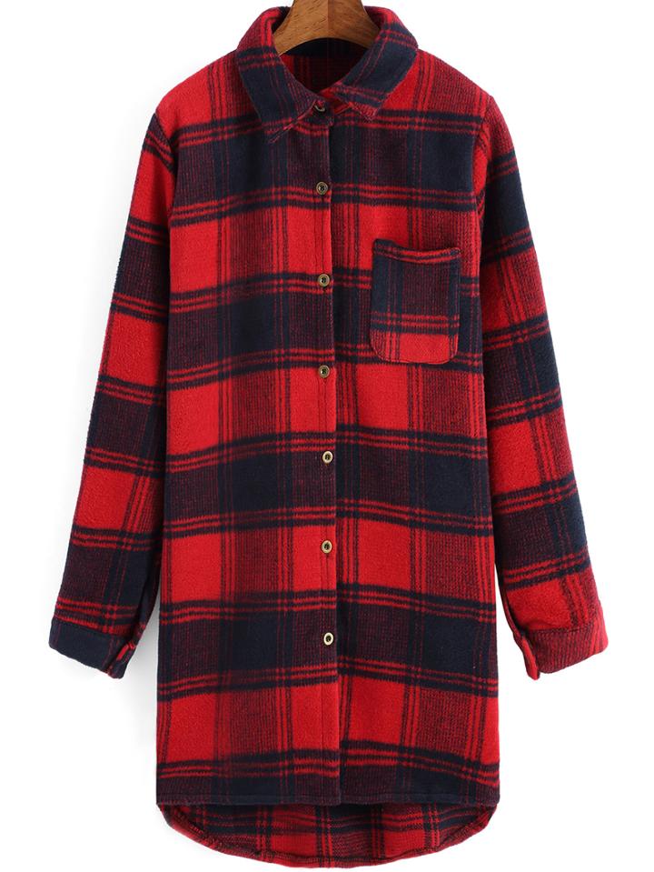 Shein Red Black Lapel Plaid Pocket Coat