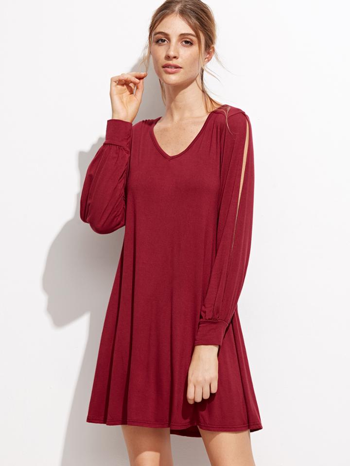 Shein Burgundy V Neck Split Sleeve Tee Dress