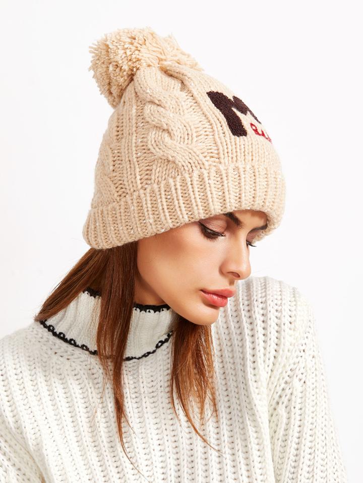 Shein Khaki Cable Pom Pom Letter Pattern Beanie Hat