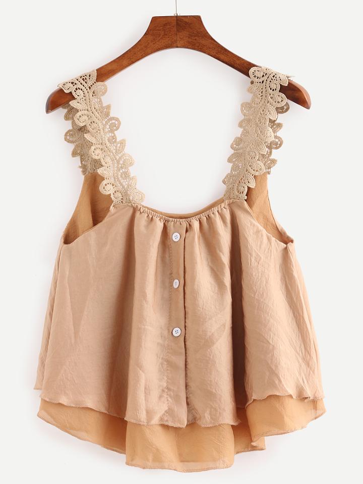 Shein Buttoned Front Lace Strap Top - Khaki