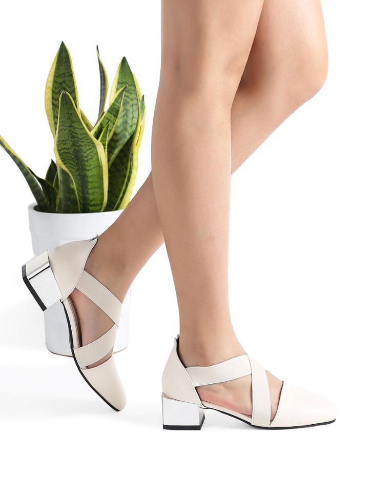 Shein Beige Cross Chunky Heeled Ballet Shoes