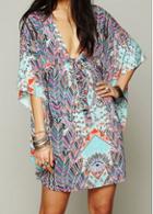 Rosewe Plunging Neck Printed Batwing Sleeve Cover Up