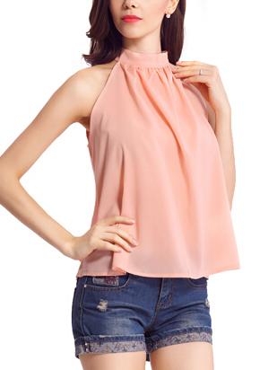 Shein Pink Stand Collar Chiffon Tank Top