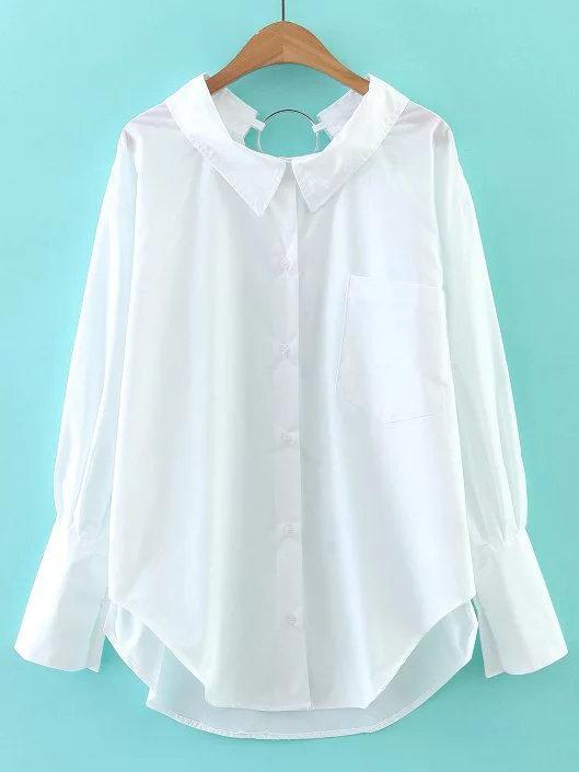 Shein White Dip Hem Pocket Ring Accent Back Blouse