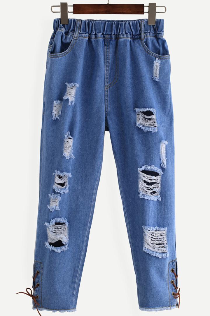 Shein Blue Ripped Lace Up Denim Pants