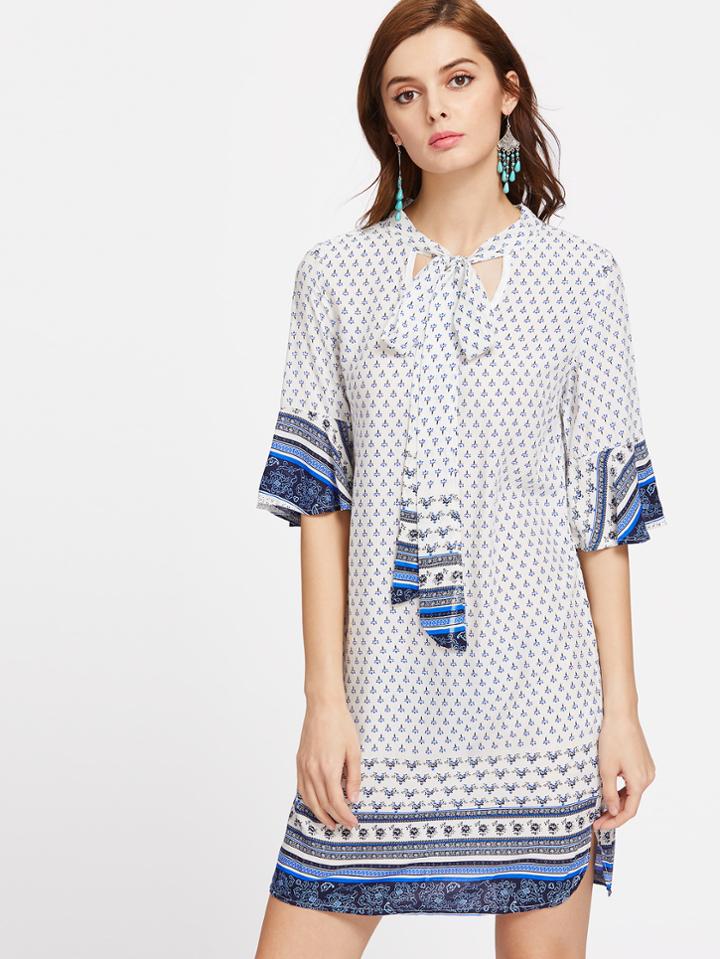 Shein Tie Neck Ruffle Cuff Split Side Dress