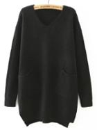 Shein Black V Neck Pockets Loose Sweater