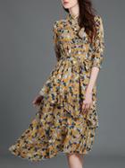 Shein Yellow Tie-waist Ruffle Print Asymmetric Dress