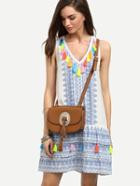 Shein Multicolor Tassel Print V Neck Sleeveless Dress