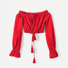 Shein Bardot Frill Trim Tassel Tie Crop Top
