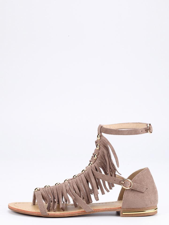Shein Faux Suede Caged Fringe Sandals - Grey