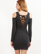 Shein Grey Ribbed Knit Cold Shoulder Lace Up Bodycon Dress