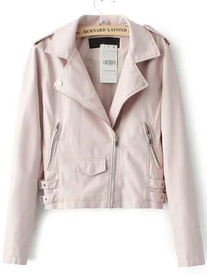 Shein Pink Lapel Epaulet Oblique Zipper Crop Jacket