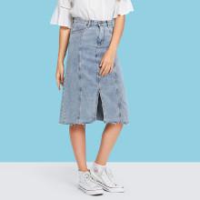 Shein Raw Hem Split Front Bleach Wash Denim Skirt