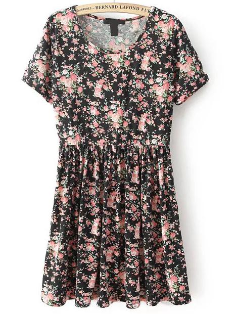 Shein Short Sleeve Florals Pleated Black Dress