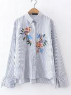 Shein White And Blue Embroidery Vertical Striped High Low Blouse