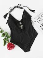 Shein Plunging V-neckline Fringe Trim Self Tie Swimsuit