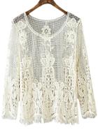 Shein Beige Long Sleeve Fringe Lace Blouse