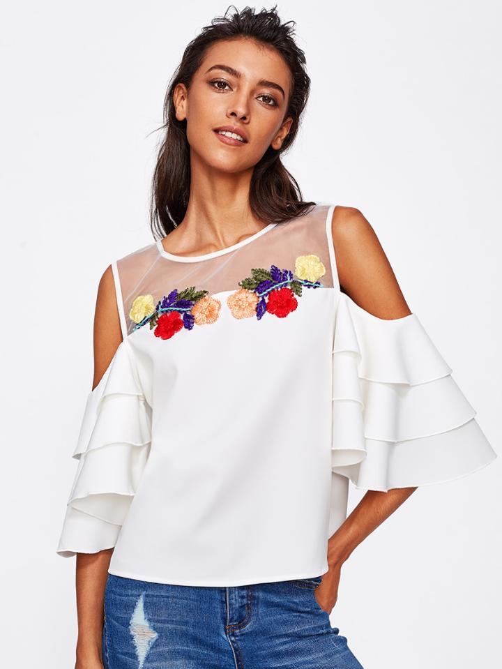 Shein Illusion Neck Flower Embroidered Layered Sleeve Top
