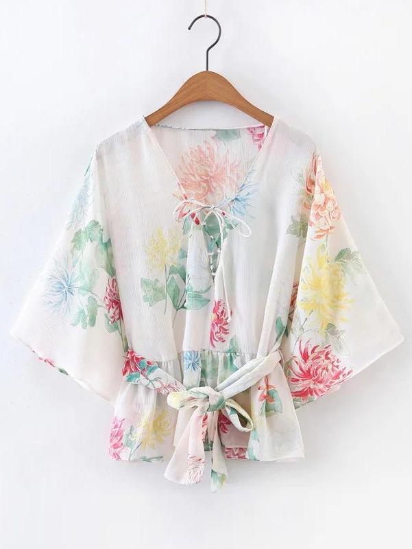 Shein Lace Up V Neck Kimono Sleeve Top With Self Tie