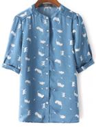 Shein Blue Roll Cuff Buttons Front Cats Printed Blouse