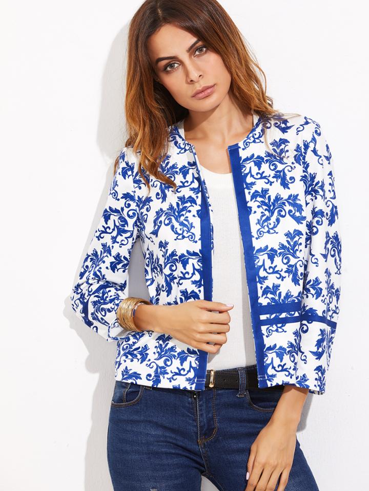 Shein Blue And White Vine Print Open Front Blazer