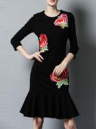 Shein Black Flowers Embroidered Frill Dress