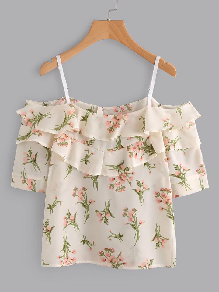 Shein Open Shoulder Tiered Floral Print Random Blouse