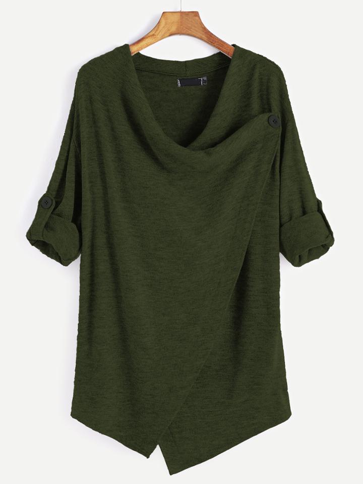 Shein Army Green Roll Tab Sleeve Asymmetric Hem Cardigan