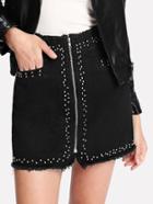 Shein Zip Up Raw Edge Studded Denim Skirt