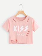 Shein Letter Print Raw Edge Ripped Tee