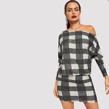 Shein Off Shoulder Glitter Plaid Dress