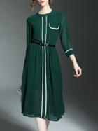 Shein Green Contrast White Belted A-line Dress