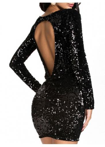 Rosewe Shining Long Sleeve Round Neck Sheath Dress With Sequins