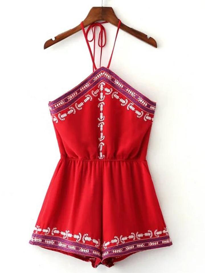 Shein Halterneck Embroidery Open Back Playsuit