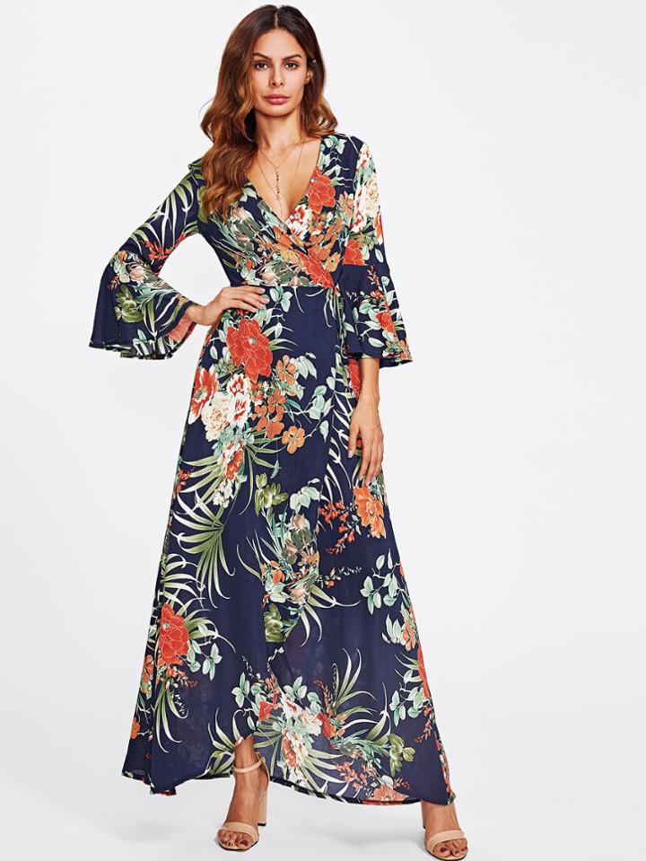 Shein Random Botanical Print Flare Sleeve Wrap Dress