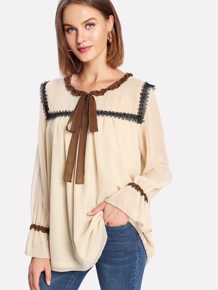 Shein Chiffon Frill Trim Tie Neck Top