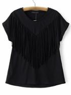 Shein Black Roll Up Cuff Fringe Casual T-shirt