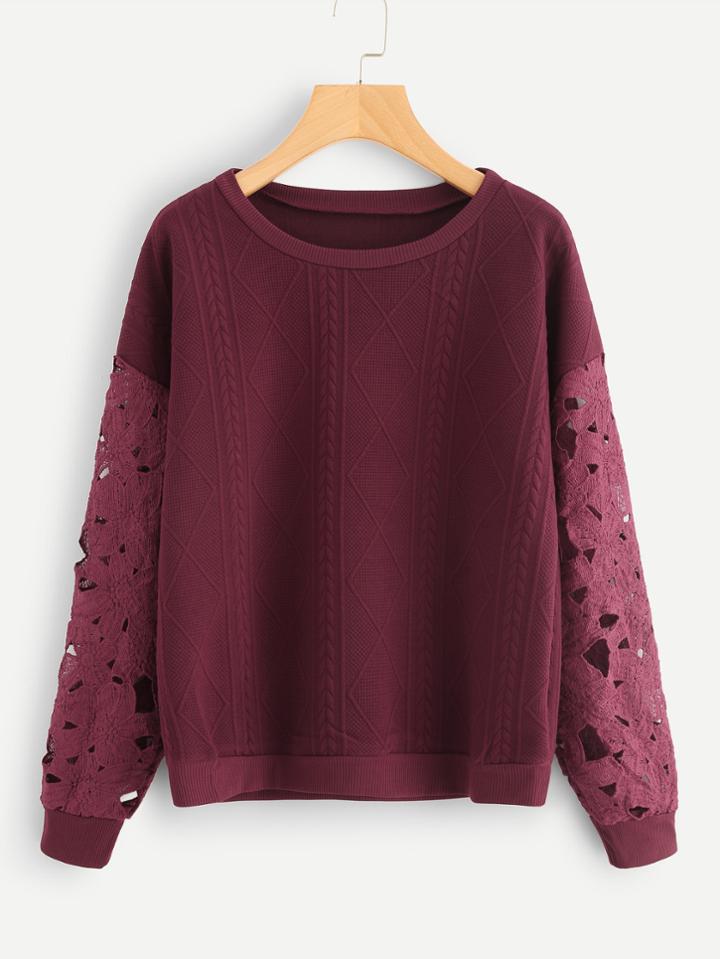 Shein Hollow Out Crochet Sleeve Textured Sweatshirt