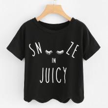 Shein Scallop Trim Letter Print Tee