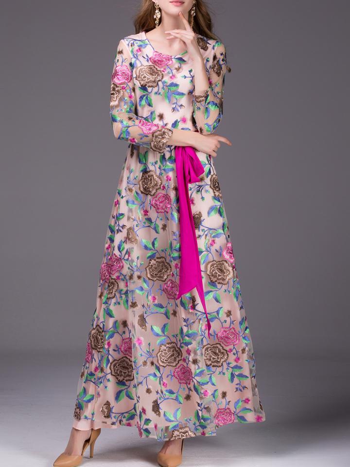 Shein Beige Gauze Embroidered Tie-waist Maxi Dress