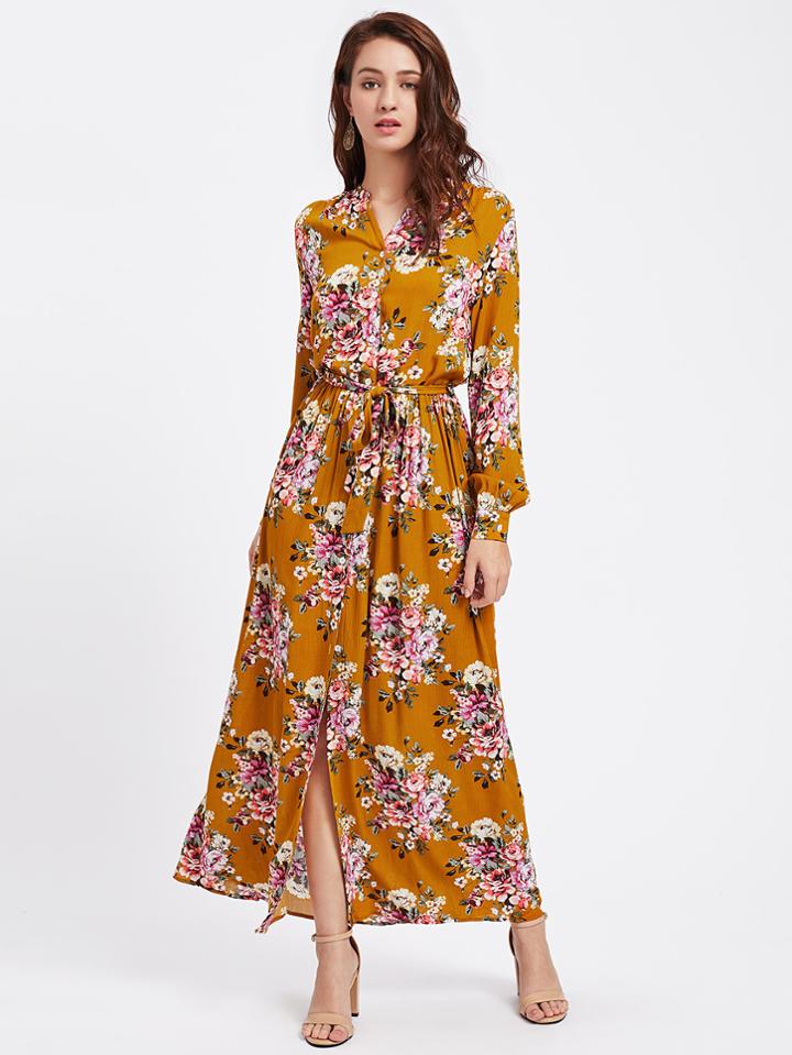 Shein Flower Print Self Tie Bishop Sleeve Shirt Dress