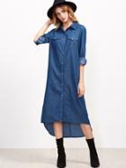 Shein Blue Dual Pocket Front High Low Chambray Shirt Dress