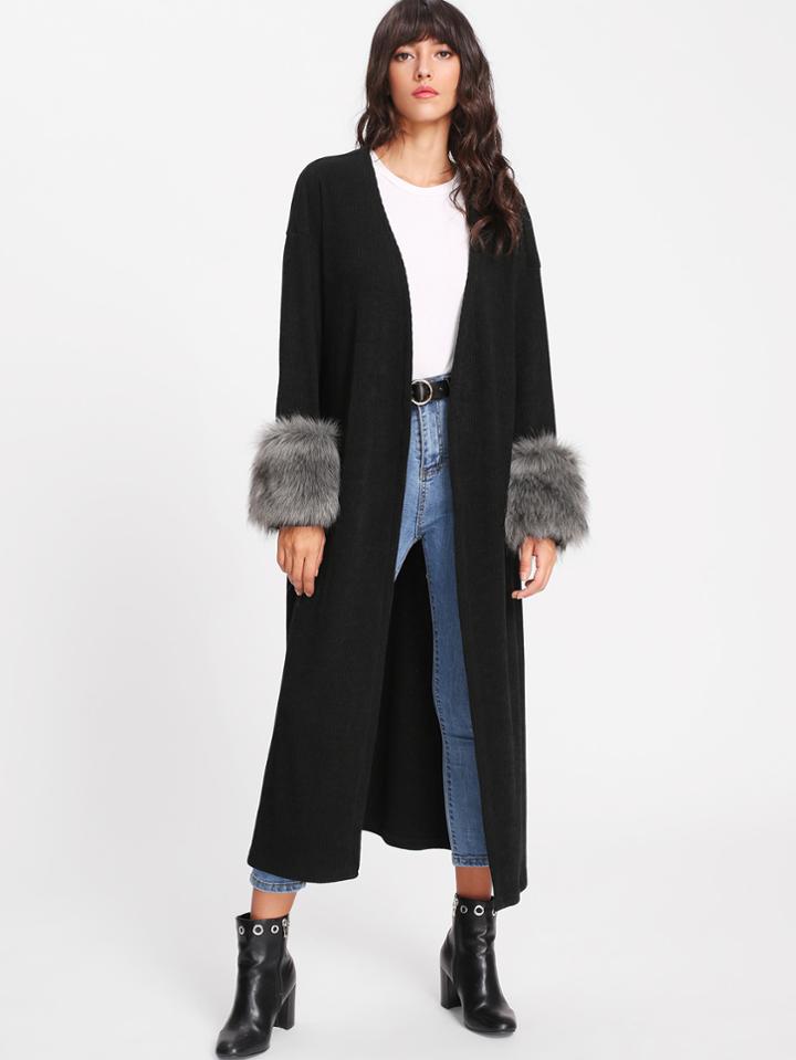 Shein Faux Fur Embellished Cuff Longline Coat