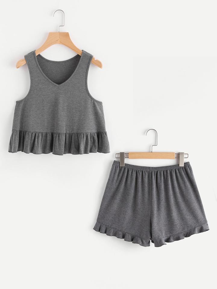 Shein Heather Knit Ruffle Tank Top And Shorts Pajama Set