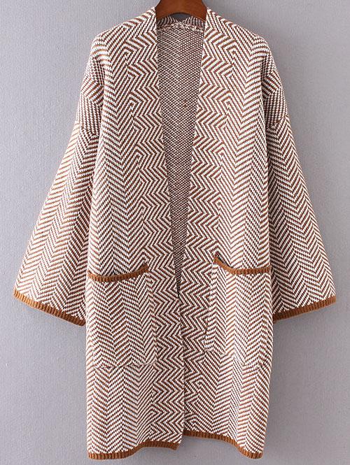 Shein Khaki Wave Pattern Collarless Front Pocket Long Cardigan