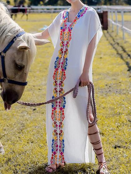 Shein White V Neck Embroidered Split Smock Dress