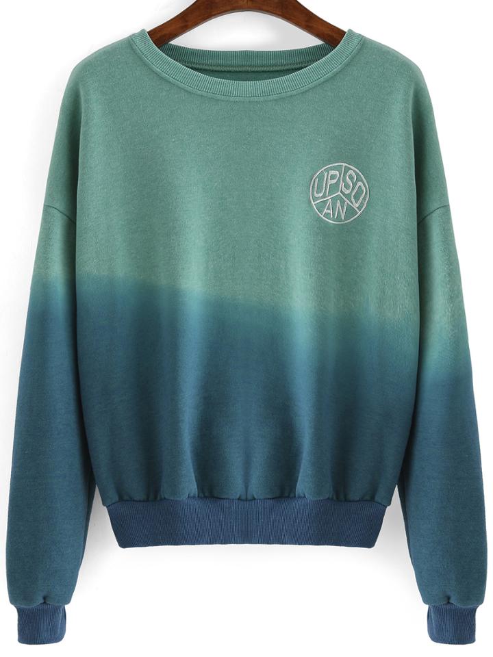 Shein Green Blue Ombre Round Neck Crop Sweatshirt