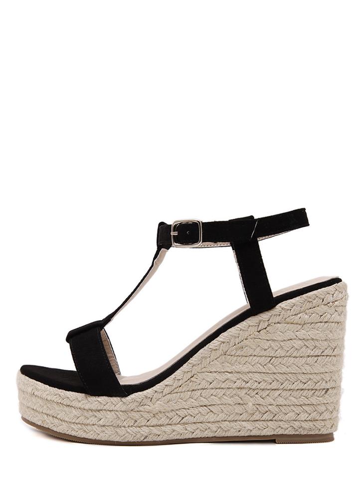 Shein Black Peep Toe T-shaped Buckle Strap Wedge Heels